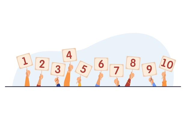 Jury die evaluatie geeft en scorekaarten toont