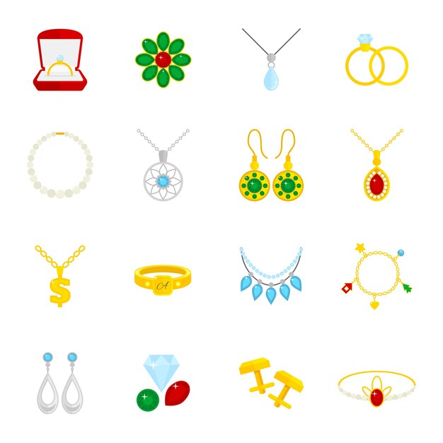 Juwelen plat pictogrammen set van diamanten goud mode dure accessoires geïsoleerde vector illustratie