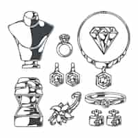 Gratis vector juwelier set van geïsoleerde zwart-wit afbeeldingen met mannequins van het menselijk lichaam met sieraden ringen en diamanten