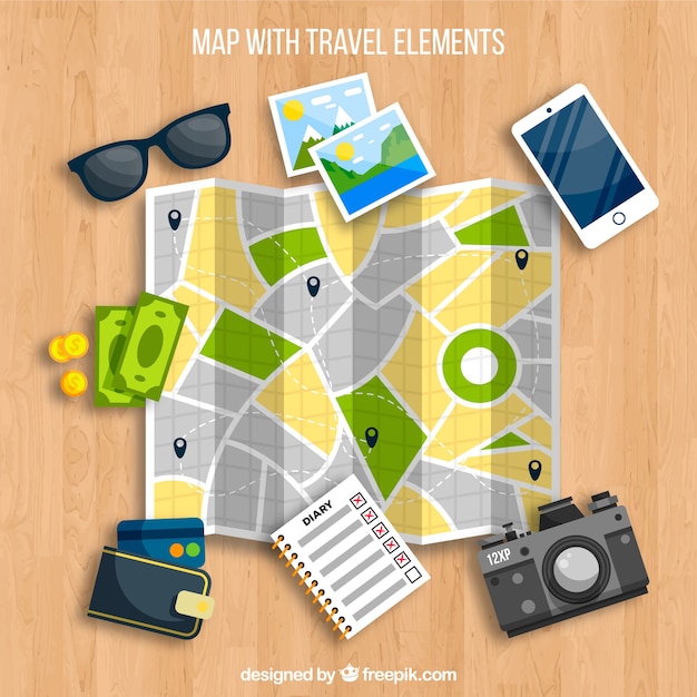 Gratis vector kaart- en reiselementen met plat ontwerp