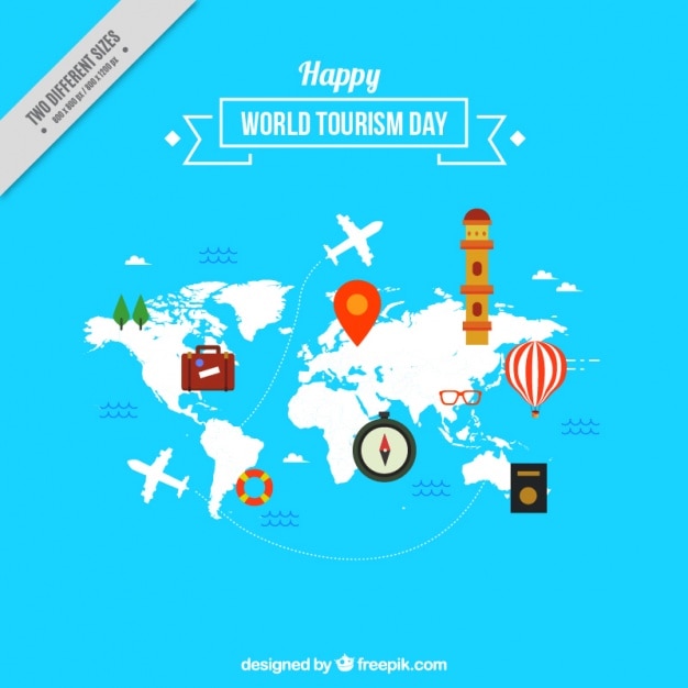 Kaart lichtblauwe achtergrond van de werelddag van het toerisme