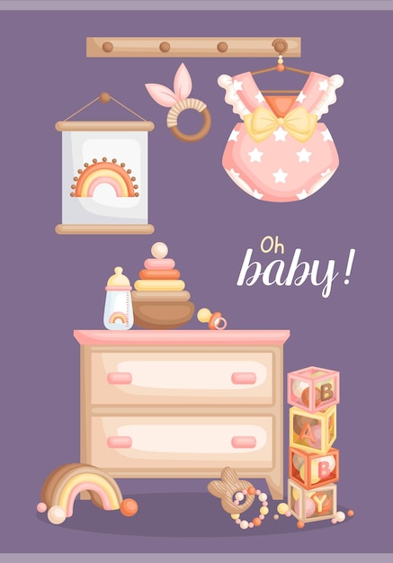 Kaart met boheemse items en speelgoed voor babymeisjes Premium Vector