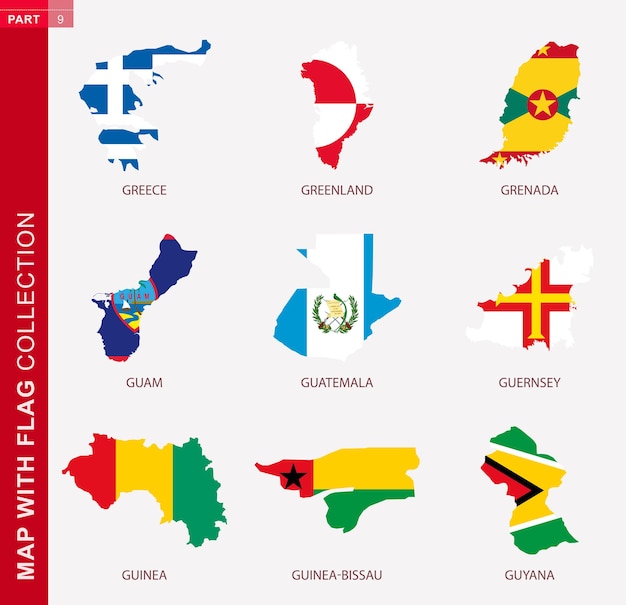 Kaart met vlag collectie, negen kaart contour met vlag van griekenland, groenland, grenada, guam, guatemala, guernsey, guinee, guinee-bissau, guyana