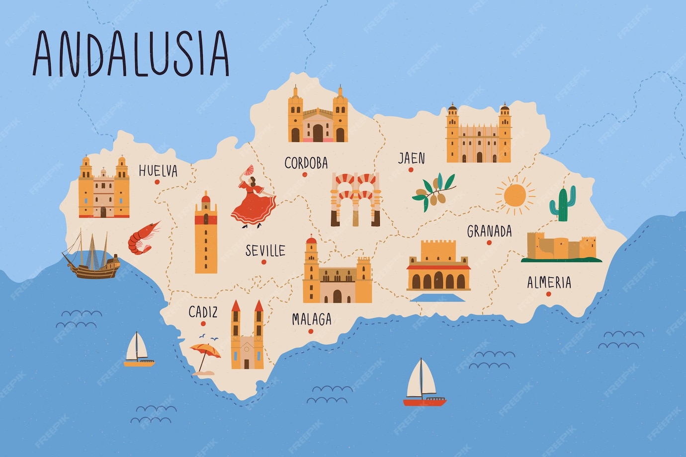 Kaart van andalusië met bezienswaardigheden Gratis Vector
