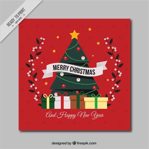 Gratis vector kaart van de kerstboom met giften