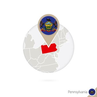 Kaart van de staat van pennsylvania en vlag in cirkel. kaart van de vlagspeld van pennsylvania, pennsylvania. kaart van pennsylvania in de stijl van de wereld. vectorillustratie.