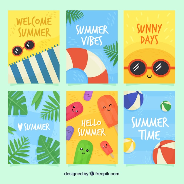 Gratis vector kaartencollectie voor de zomer met leuke tekenfilms