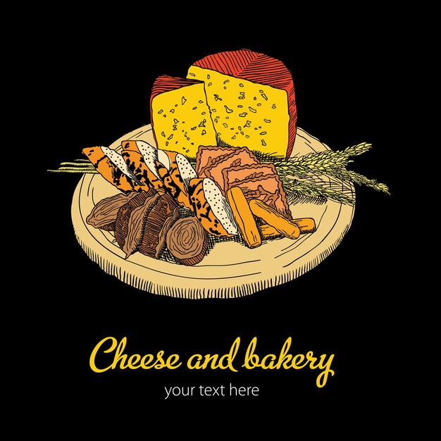 Kaas en bakkerij sjabloon met bord eten