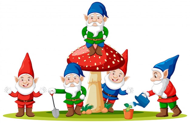 Kabouters en paddestoelen in cartoon stijl op witte achtergrond