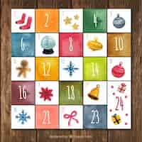 Gratis vector kalender advent met decoratieve items in aquarel stijl