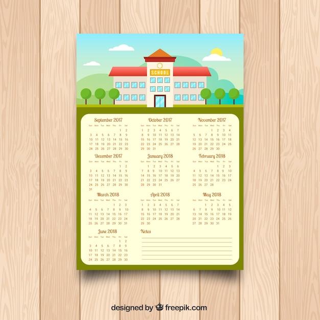 Kalender met gevel van school in flat design