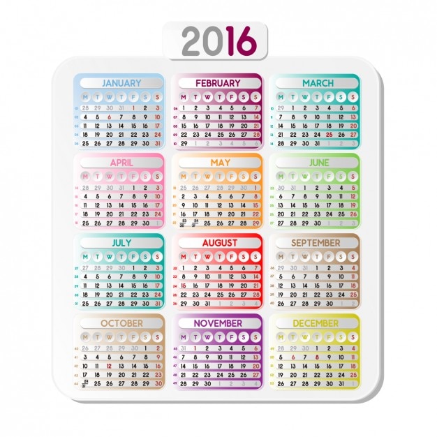 Gratis vector kalender van 2016 met kleurrijke vierkantjes