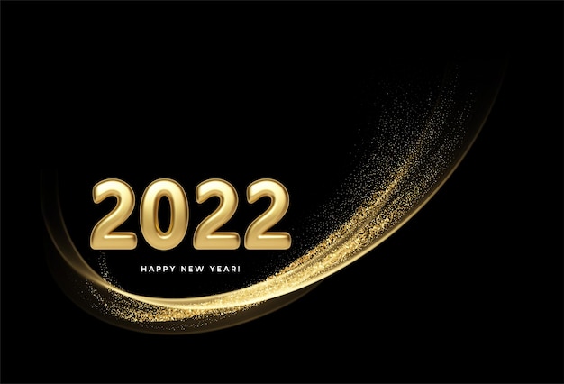 Kalenderkop 2022 met gouden golven wervelen met gouden glitters op zwarte achtergrond. gelukkig nieuwjaar 2022 gouden golven achtergrond. vector illustratie