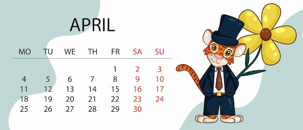 Kalenderontwerpsjabloon voor 2022, het jaar van de tijger volgens de chinese of oosterse kalender, met een afbeelding van de tijger. horizontale tafel met kalender voor 2022. vector