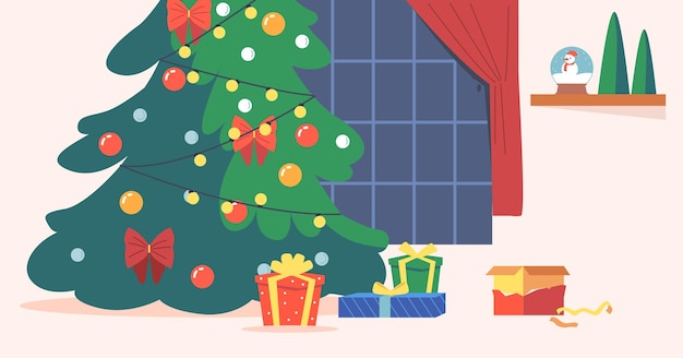 Kamer bij kerstnacht, leeg interieur met versierde dennenboom met geschenken en cadeautjes en breed raam met gordijn