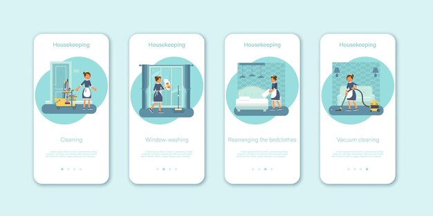 Kamermeisje klust mobiele app illustratie set Vrolijk gemaakt in uniform stripfiguur vrouw in schort wassen raam stofzuigen bed opmaken hotel kamer schoonmaak service huishouding