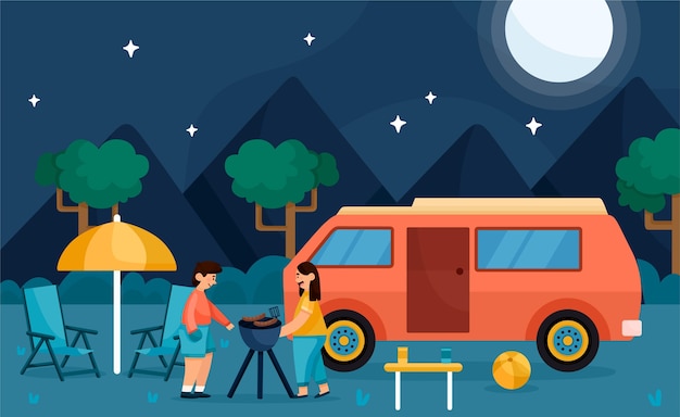 Gratis vector kamperen met een caravan