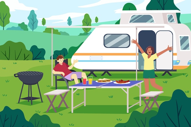 Gratis vector kamperen met een caravan