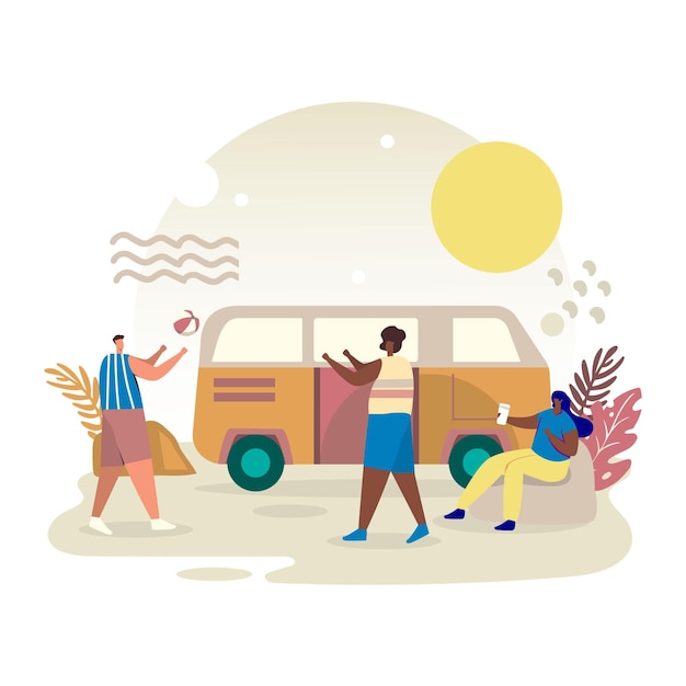 Gratis vector kamperen met een caravanillustratie met mensen