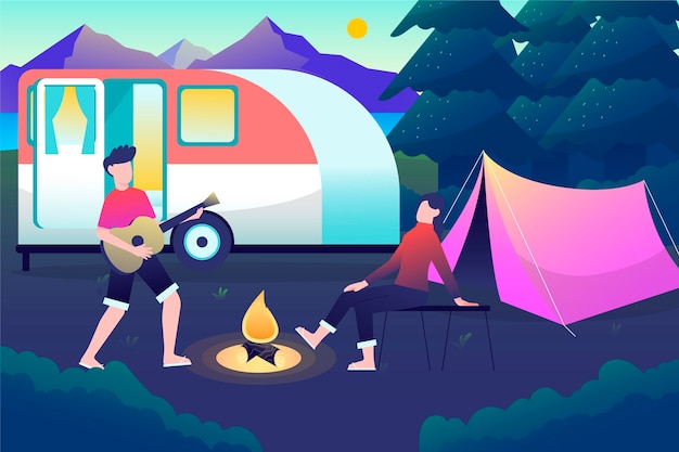 Gratis vector kamperen met een caravanillustratie