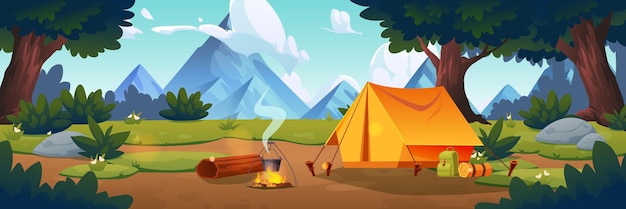 Kamperen met tent en vuur in het bos bij de berg