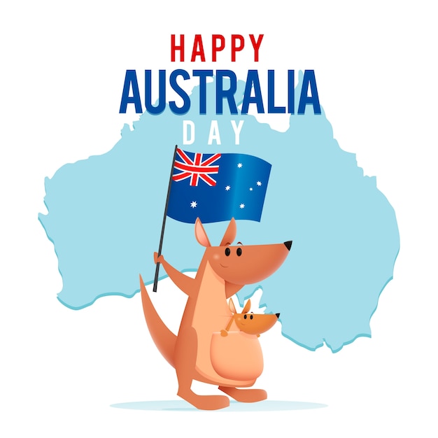 Gratis vector kangoeroe met baby die in zak australische vlag houdt