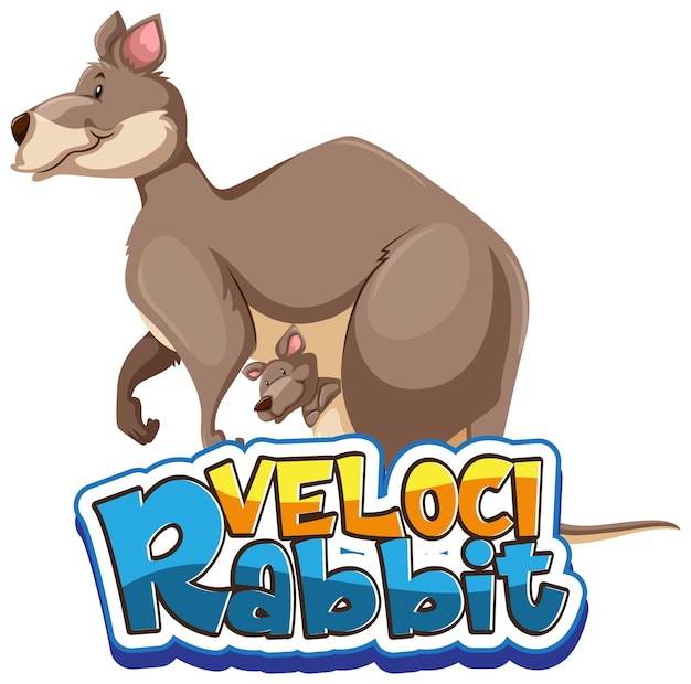Kangoeroe stripfiguur met Velocirabbit lettertype banner geïsoleerd