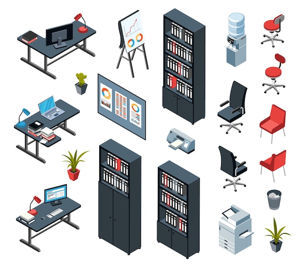 Gratis vector kantoor interieur isometrische set boekenkast bureau fauteuil waterkoeler geïsoleerde iconen vector illustratie