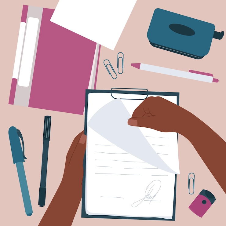 Gratis Vector kantoorbenodigdheden platte set met menselijke handen met papieren blok vectorillustratie
