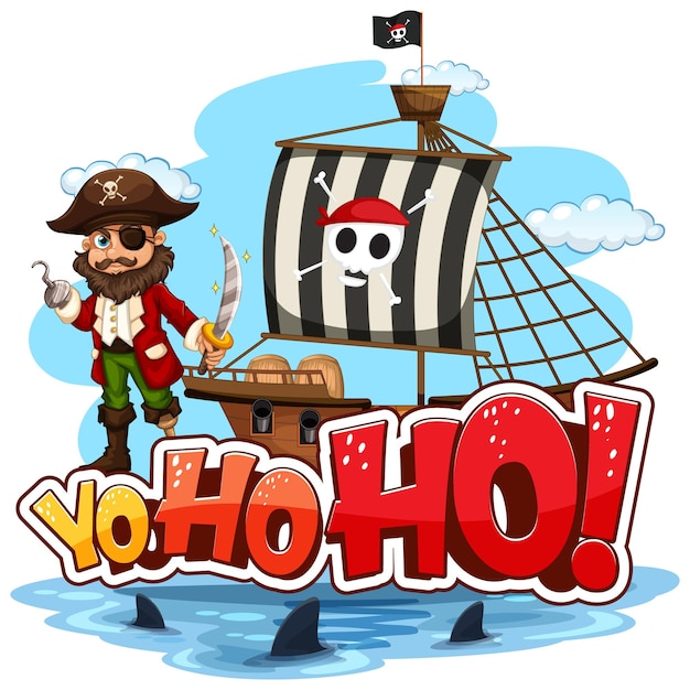 Gratis vector kapitein haak staat op het schip met yo-ho-ho-toespraak