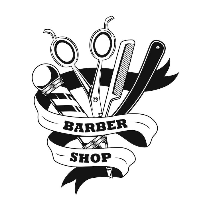 Gratis Vector kapper tools vector illustratie. schaar, scheermesje, stok en lint met tekstvoorbeeld