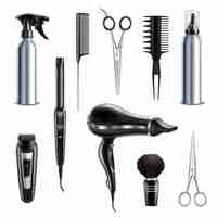 Gratis vector kapperszaak kapper styling tools realistische collectie met föhn schaar tondeuse clipper scheren borstel geïsoleerd vectorillustratie