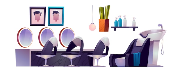 Gratis vector kapsalon interieur met kappersstoelen, spiegels, wastafel en cosmetica