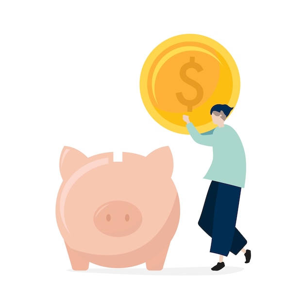 Karakter van een man geld te besparen in een illustratie van de spaar varken