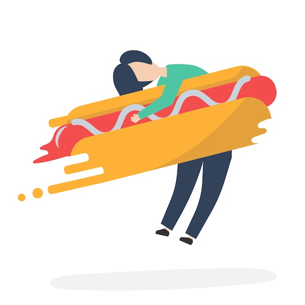 Gratis vector karakter van een mens die een illustratie van de snel voedselhotdog koestert