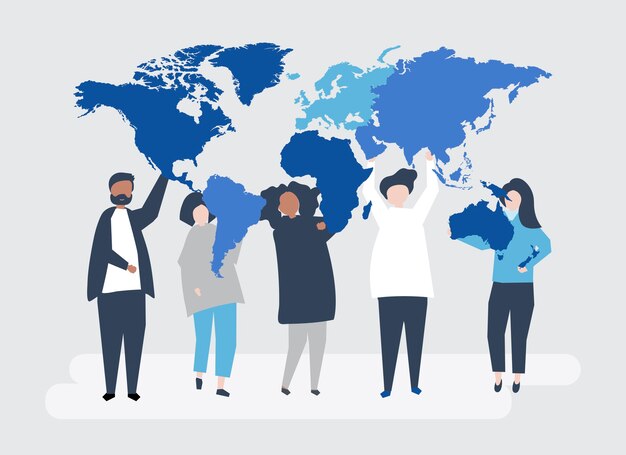 Karakterillustratie van diverse mensen en de wereld