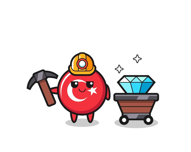 Karakterillustratie van het kenteken van de vlag van turkije als mijnwerker