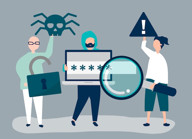 Gratis Vector karakterillustratie van mensen met cybercriminaliteitspictogrammen