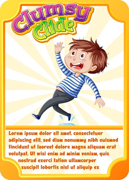 Karakterspelkaartsjabloon met woord clumsy clide
