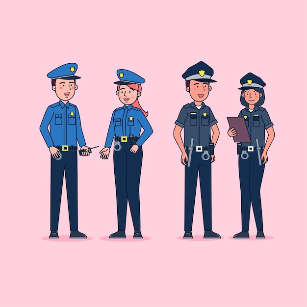 Karakterverzameling van politie grote reeks geïsoleerde vlakke illustratie die professioneel uniform, cartoonstijl draagt.