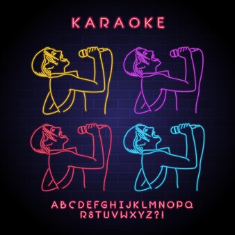 Karaoke en zanger silhoutte met neonlicht gloeiende illustratie