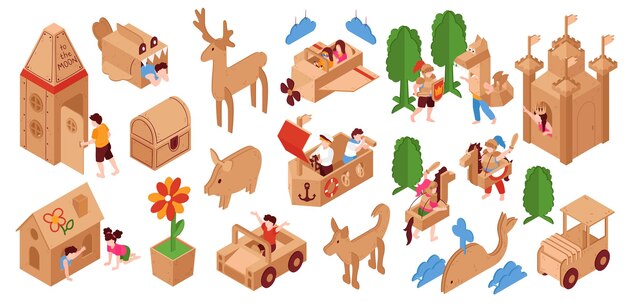 Kartonnen creatieve bouwpakketten speelgoed voor kinderen speelkamer activiteiten isometrische set met kasteel draak bloem varken vectorillustratie