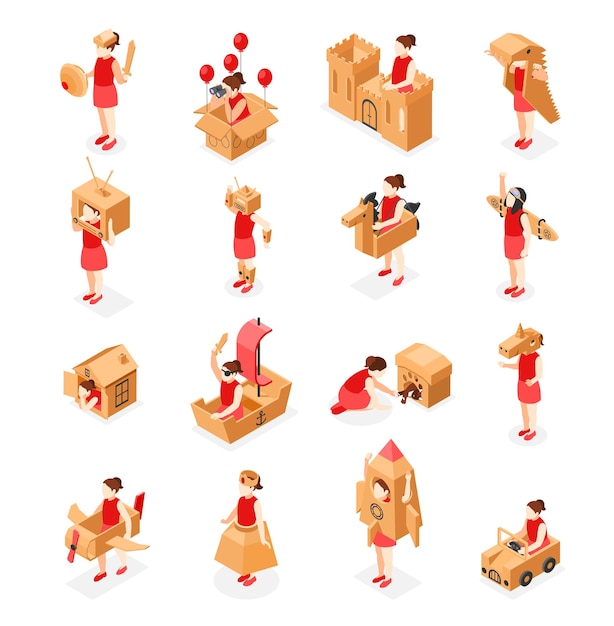 Kartonnen speelgoed pictogrammen instellen met kind spelen symbolen isometrische geïsoleerde vector illustratie