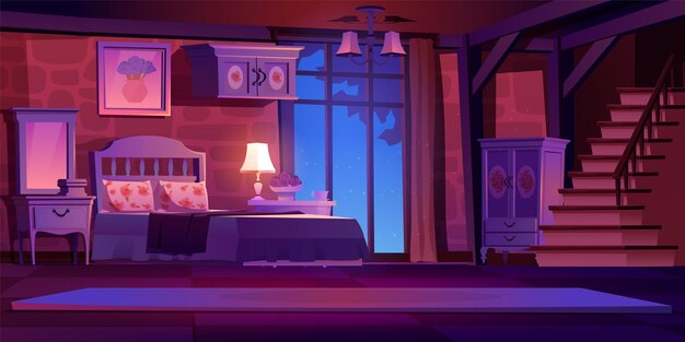 Kasteel slaapkamer interieur 's nachts vectorillustratie antieke bed spiegel dressing kledingkast en trap in kamer met verspreide magische lichtgloed 's nachts luxe paleis appartement indoor spel