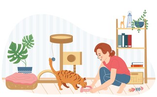 Kat accessoires platte compositie met indoor gezellige interieur landschap met condo en meisje haar kat voeren vectorillustratie