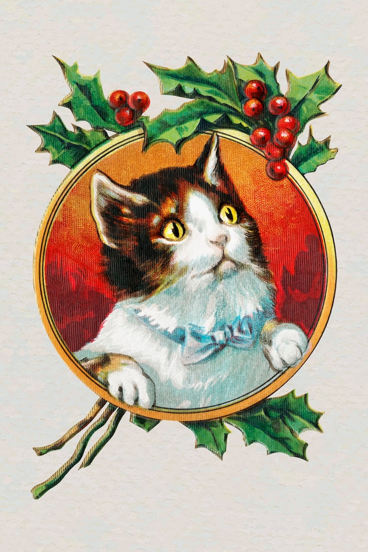 Gratis Vector kat in een gouden frame kerstmis