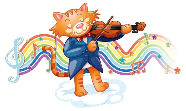 Gratis vector kat speelt viool met melodiesymbolen op regenbooggolf