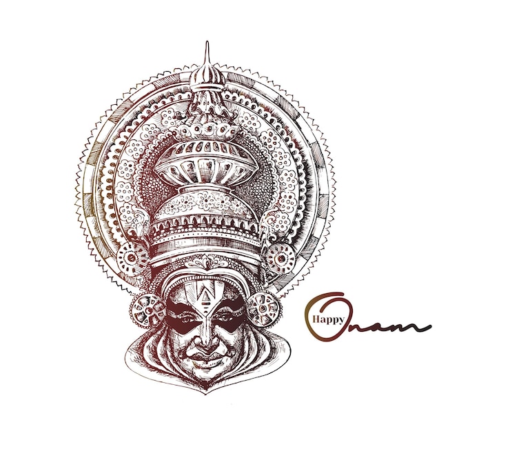 Gratis Vector kathakali gezicht met zware kroon versierd hand getrokken schets vectorillustratie