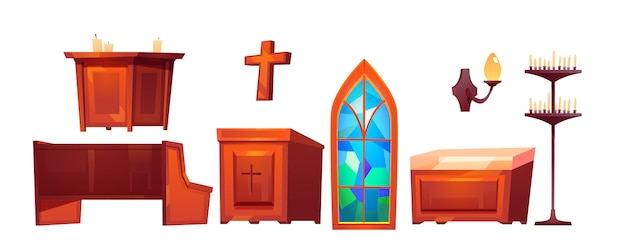 Gratis vector katholieke kerk in interieur spullen set