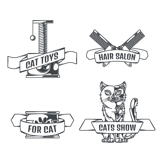 Katten en accessoires set logo's in vintage stijl